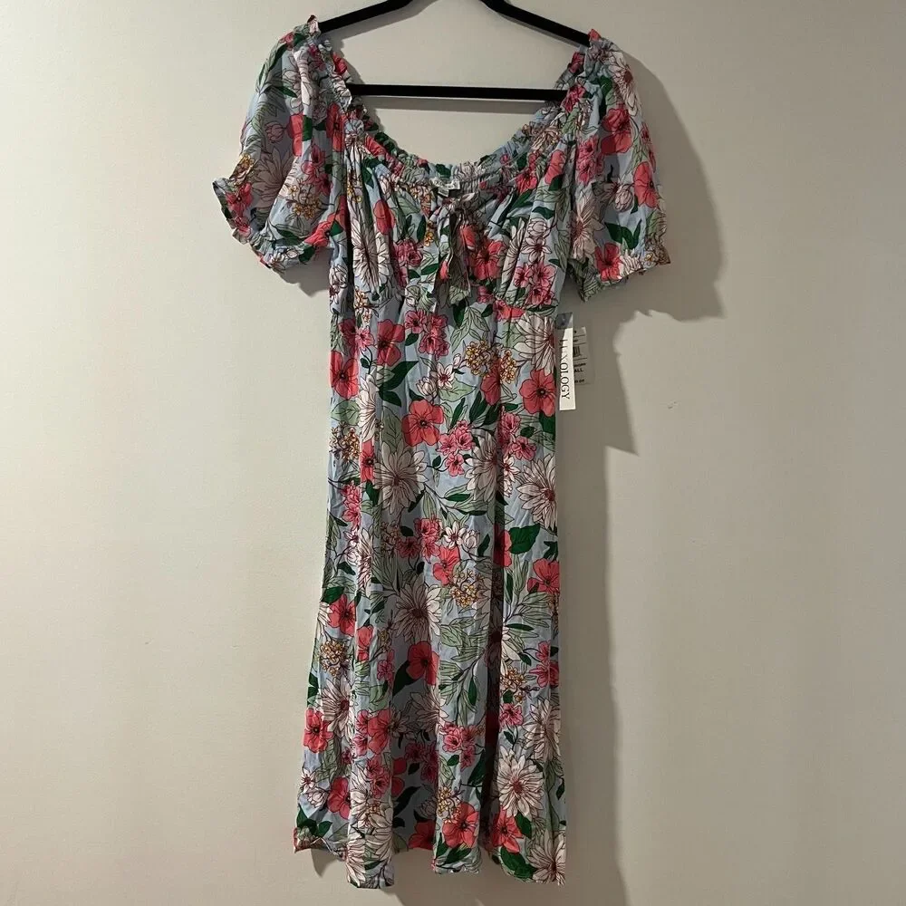 Luxology Soft Floral Dress Size S Blue Flowy Spring‎ Romance Midi Boho Chic NWT